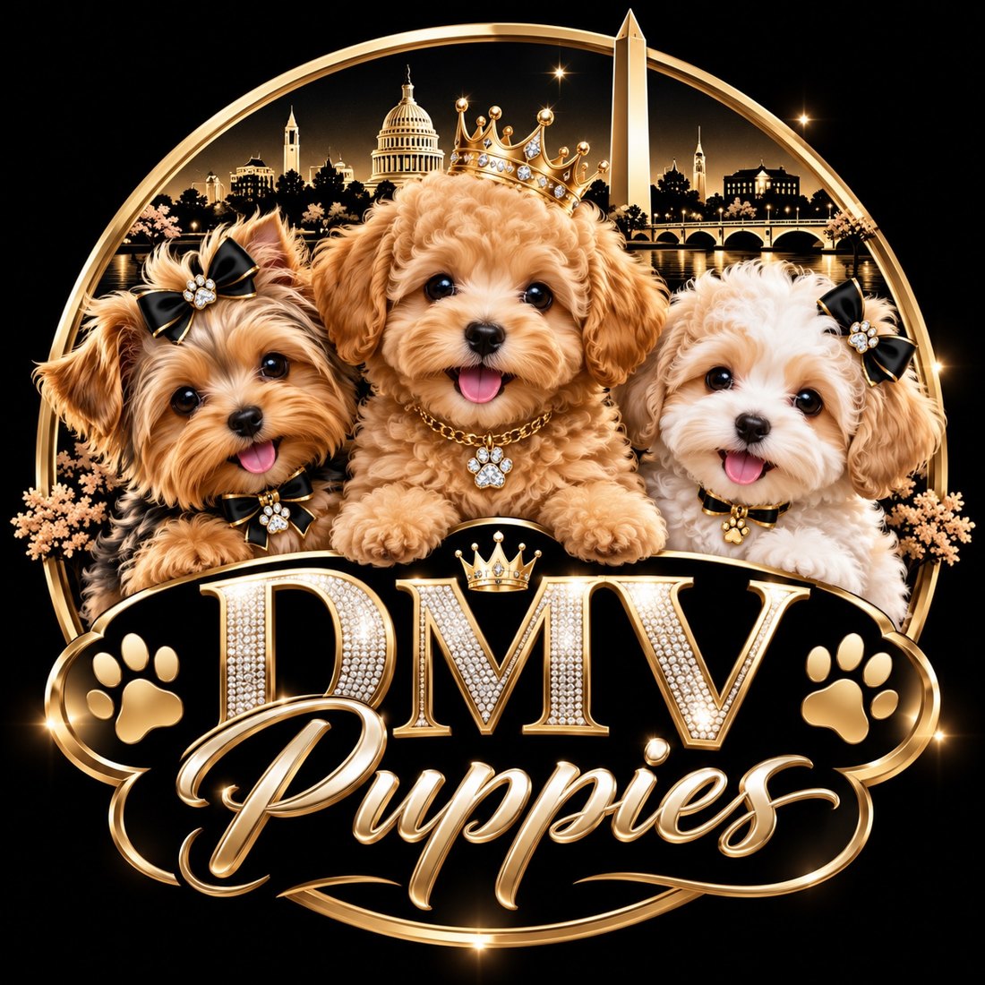 DMV Puppies logo with adorable puppies and the Washington, DC skyline